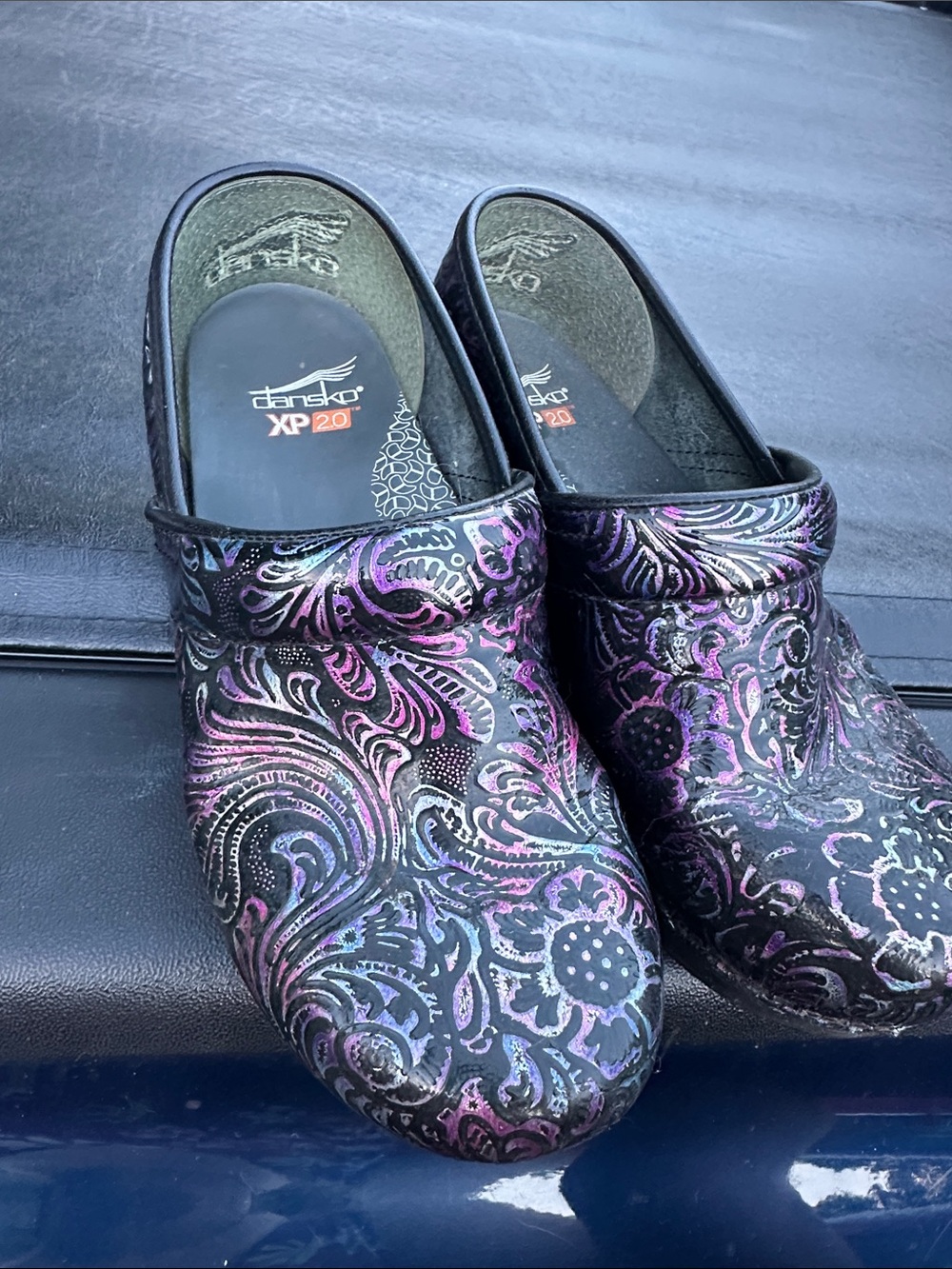 Dansko Women's XP 2.0 Paisley Slip-On Clogs in Black and Purple